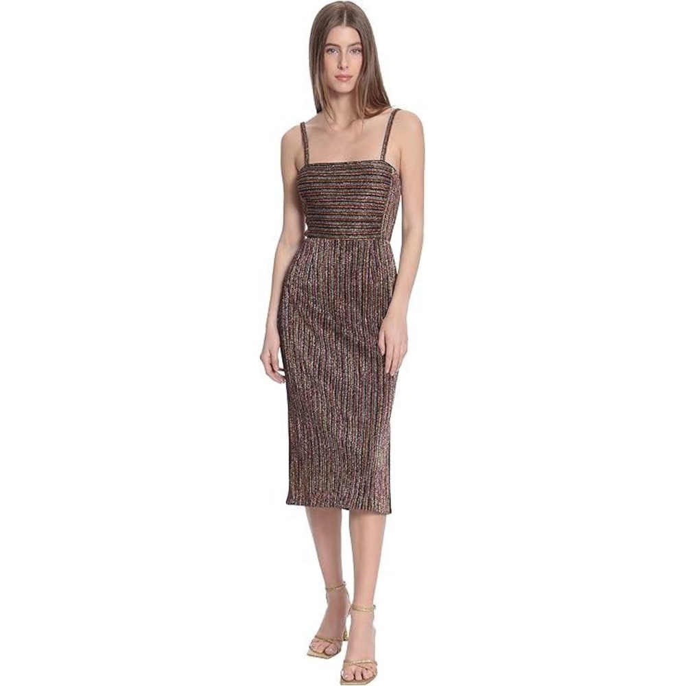 Donna Morgan Multi Color Metallic Stripe Midi Dress Square Neck Sleeveless Sz 8
